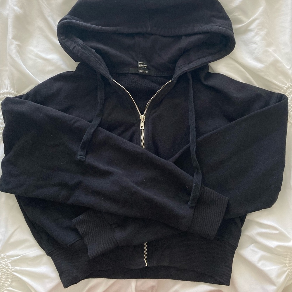 Forever 21 Cropped Zip Up Black Jacket, Like New, Size L